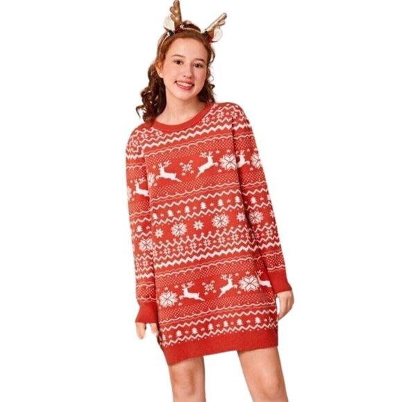 Teen Girl Christmas Pattern Sweater Dress for Christmas 10-11Y Winter dress - Picture 1 of 7